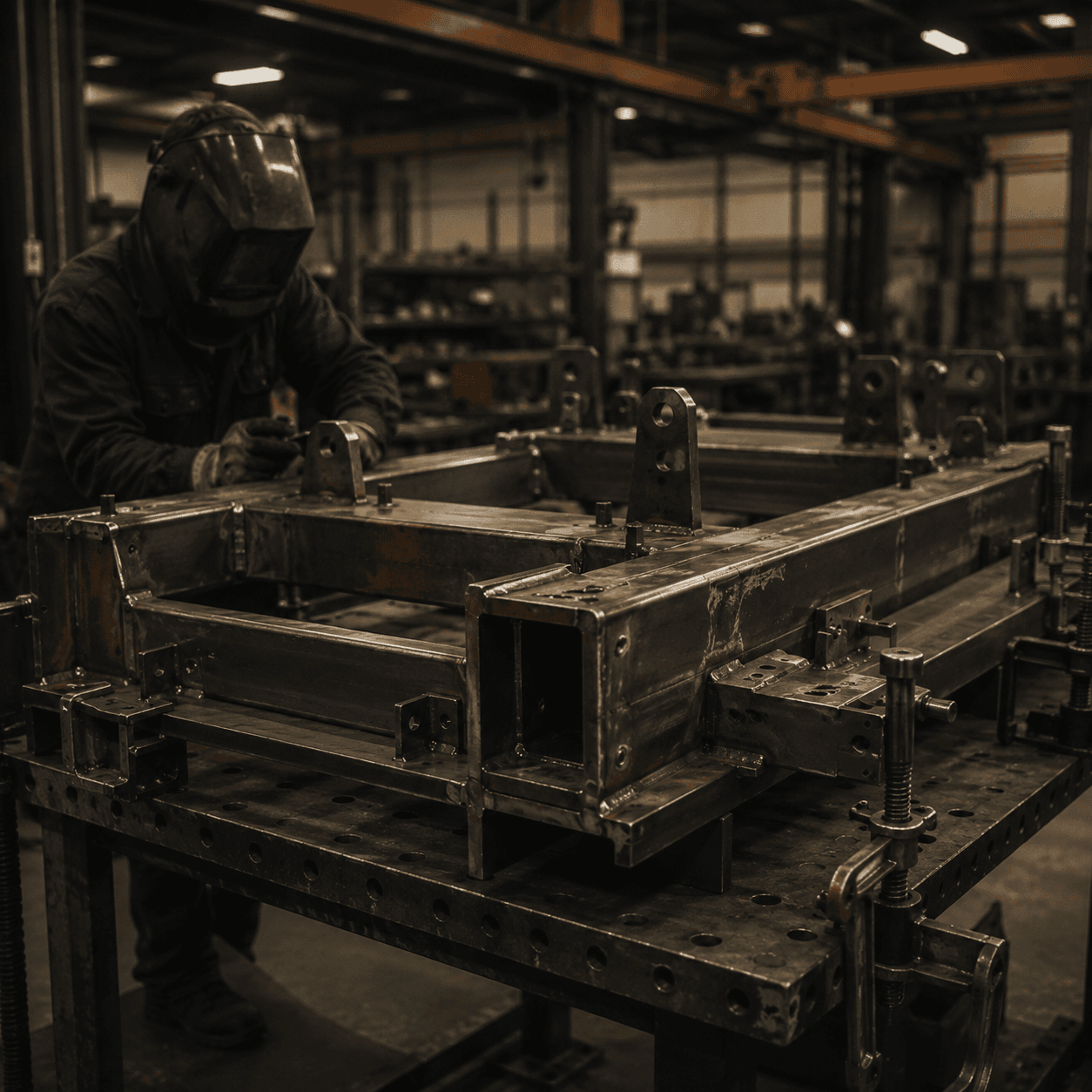 Industrial fabrication and assembly area with metal components and shop equipment