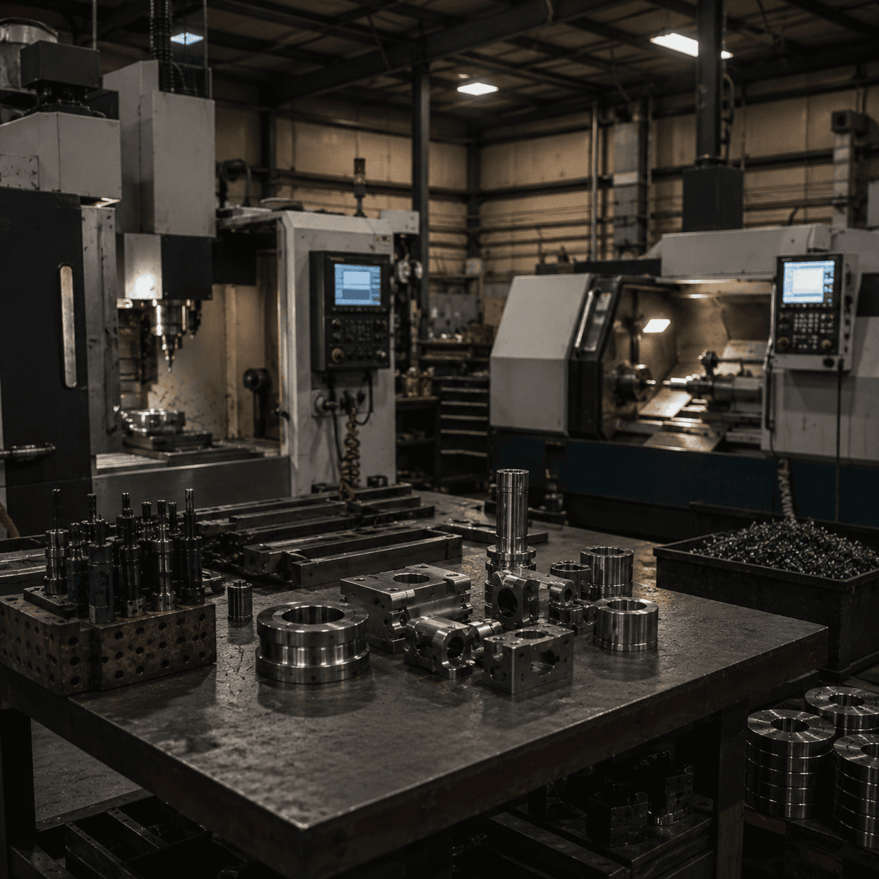 CNC machining department with milling and turning equipment